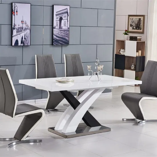 高品質レストランホテル卸売モダンな拡張可能なMDFトップステンレス鋼ブラックホワイト6/8シートダイニングテーブル