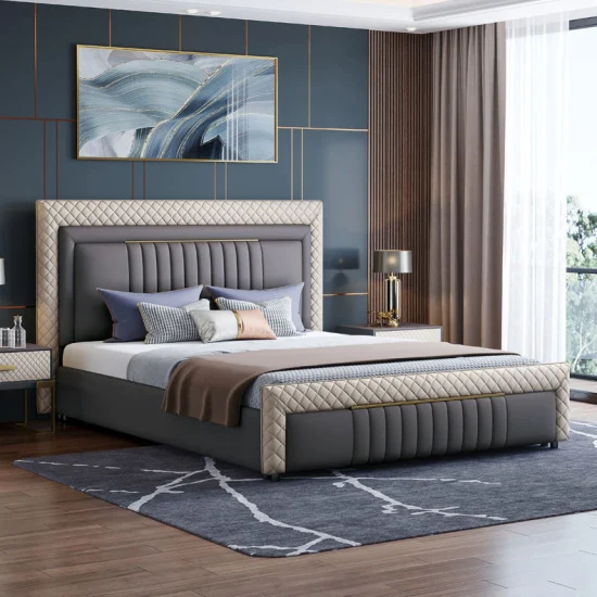 高級卸売工場クイーン家具寝室ダブルレザー木製ベッドベッドサイドテーブル格安ベッド